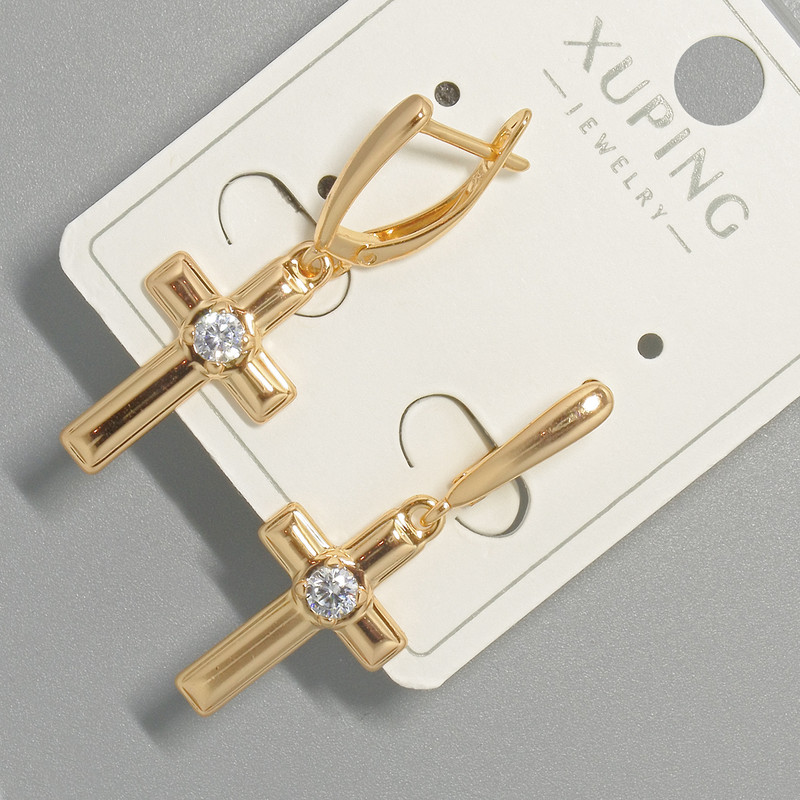 Náušnice «Kříž» Xuping s bílým krystalem, průměr 13 × 22 mm ±, délka 34,5 mm ±, pozlacené 18K