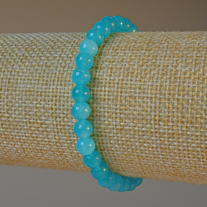 Náramek z přírodního akvamarínu, hladký korálek, průměr 6 mm ±, délka 18 cm ± (elastický)