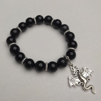 Náramek z černého achátu – hladké kuličky, průměr 10 mm ±, délka 18 cm ± (elastický) s kovovými vložkami