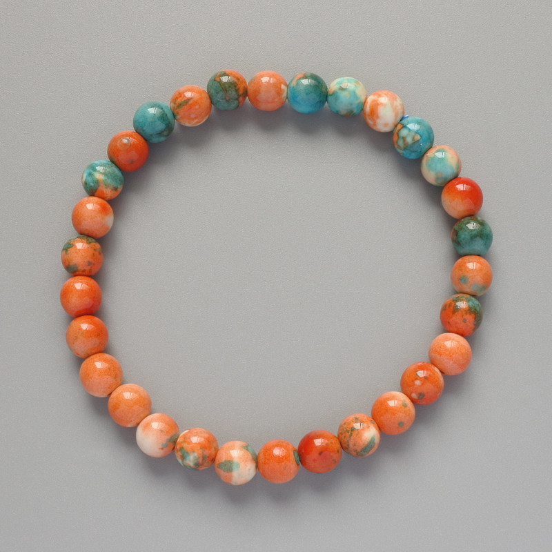 Náramek 'Variscit' (umělý akryl) oranžové, modré a bílé barvy, hladká kulička, průměr 6,5 mm, délka 18 cm, (elastický)