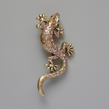 Brožka Ještěrka s růžovými krystaly, efekt chameleon, zlatý kov, 29×63 mm