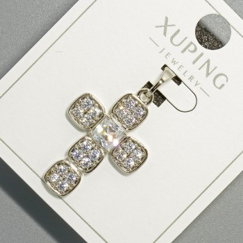Přívěšek «Kříž» Xuping s bílým krystalem a štrasami, průměr 18×24 mm, délka 32 mm, rhodiovaný