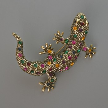 Brož-přívěšek Ještěrka se štrasovými kamínky, zlatavý kov 54 × 46 mm