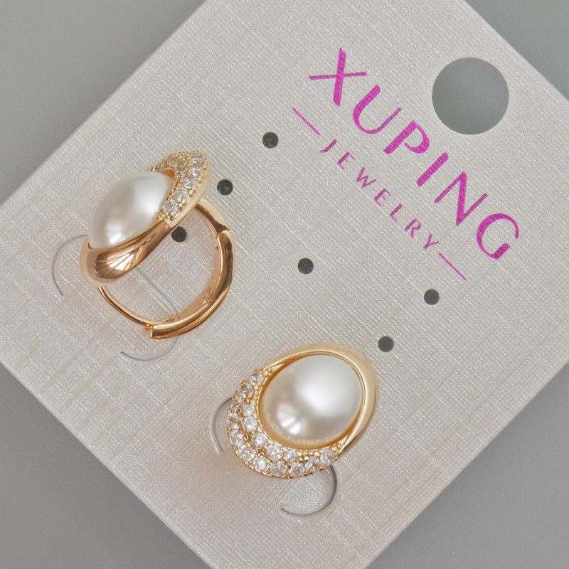 Náušnice Xuping se bílými štrasami a perlou Mallorca, průměr 15×10 mm, pozlacení 18K