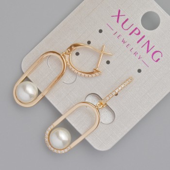 Náušnice Xuping se bílými štrasami a perlou Mallorca, průměr 24×11 mm, délka 40 mm ±, pozlacené 18K