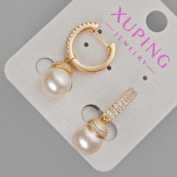 Náušnice Xuping se bílými štrasovými kamínky a perlou Mallorca, průměr 9 mm ±, délka 27 mm ±, pozlacení 18K