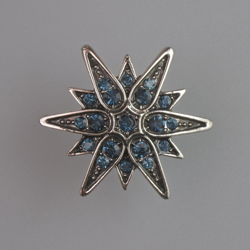 Brožka Hvězda s modrými štrasovými kamínky, stříbřitý kov 26×26 mm