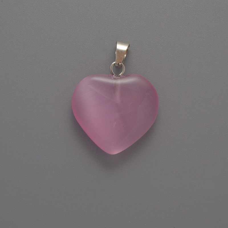 Přívěšek ve tvaru srdce z růžového kočičího oka, průměr 20×20×5 mm ±, délka 26 mm ±