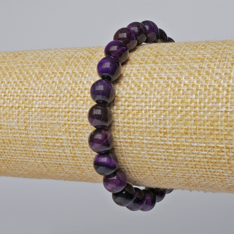 Náramek z fialového kočičího oka, hladké korálky, průměr 8,5 mm, délka 18 cm (elastický)
