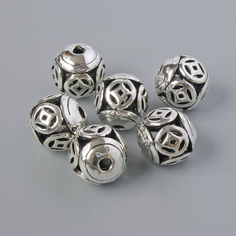 Kovové korálky-vložky, průměr 10 mm, otvor 2 mm, stříbrná barva kovu, 6 ks