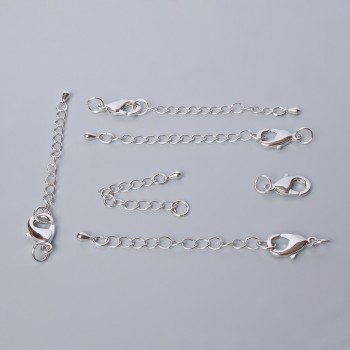 Karabinkové zapínání, stříbrné, 15×8 mm, s prodlužovacím řetízkem, 1 ks