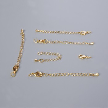 Kovová zapínací karabina, rozměr 10×5 mm, s prodlužovacím řetízkem, délka 5,5 cm, zlatý odstín kovu, 1 ks
