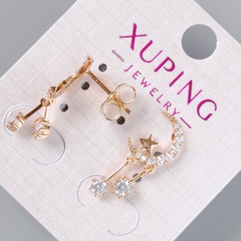 Náušnice peckové «Měsíc a hvězda» Xuping s bílými krystaly, průměr 11×8 mm, délka 22 mm, pozlacení 18K