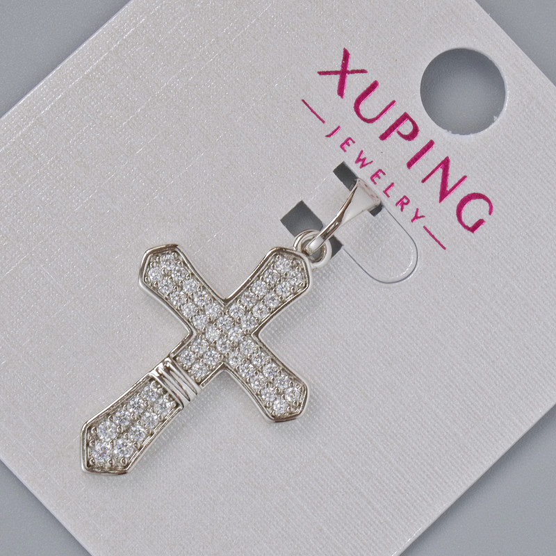 Přívěsek «Kříž» Xuping s bílými kamínky, průměr 26×18 mm, délka 32 mm ±, rhodiované pokovení