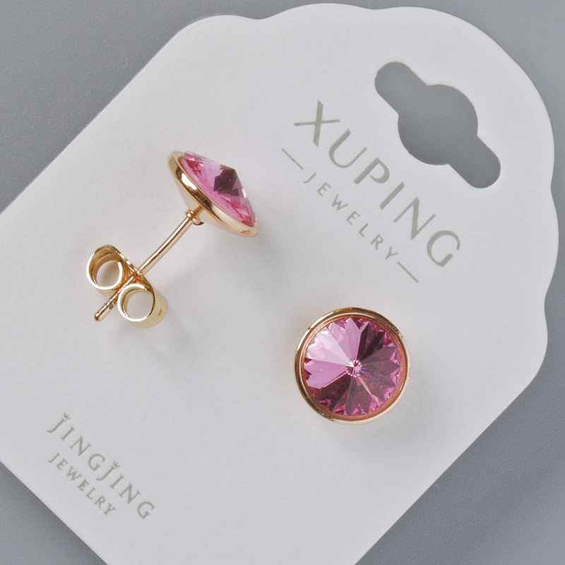 Náušnice pecky Xuping se Swarovski krystaly, růžová barva, průměr 10 mm, pozlacení 18K