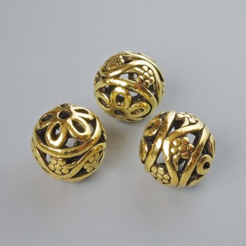 Korálková vložka – bižuterní komponenta, průměr 14 mm, díra 2,1 mm, balení 3 ks ±, zlatá barva kovu