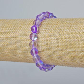 Náramek z opálového skla, hladké korálky, barva fialová, průsvitná s efektem chameleon, průměr cca 8 mm, délka cca 18 cm (elastický)
