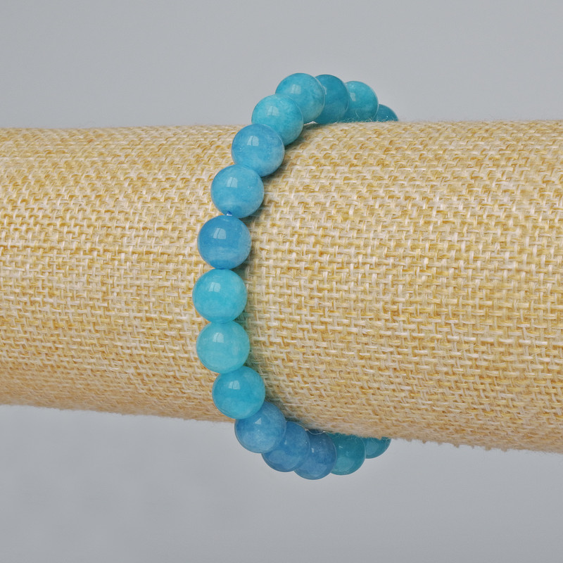 Náramek z akvamarínu, přírodní kámen, hladké korálky o průměru 8,5 mm, délka 18 cm (elastický)