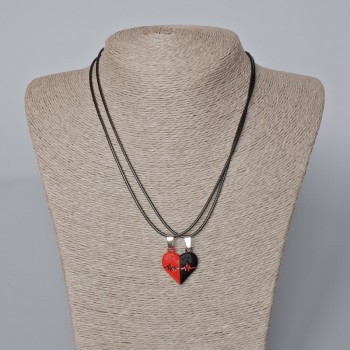 Парні кулони "Серце" на магніті, червона та чорна емаль 24х22мм + -, довжина 45-50см+