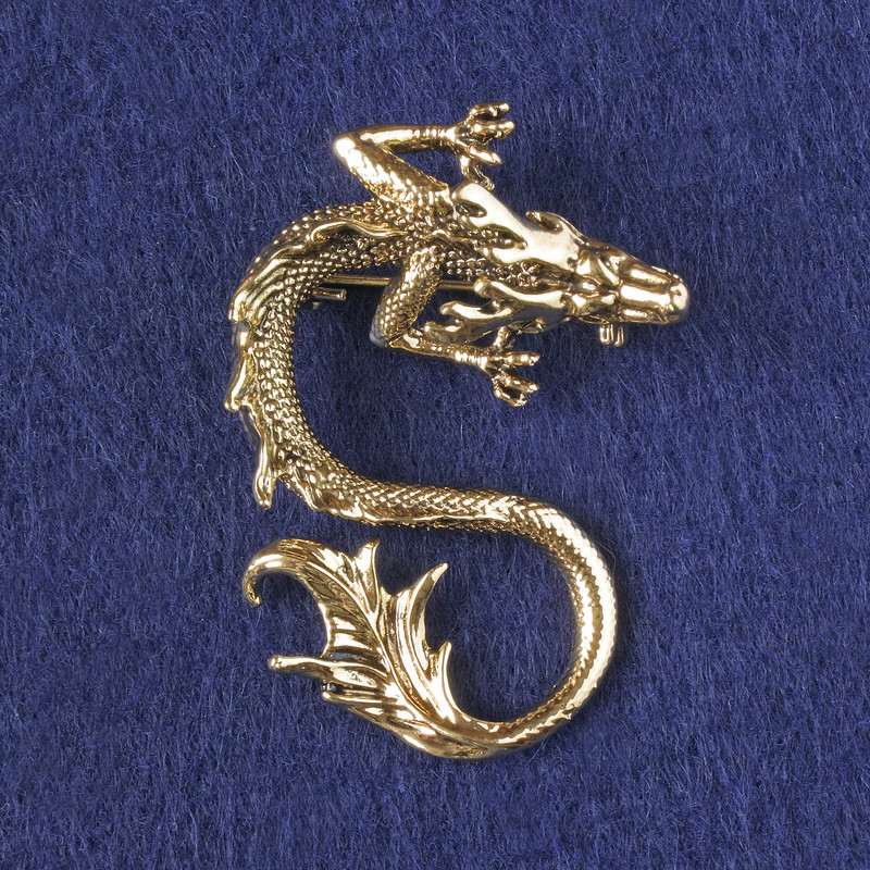 Brož-přívěšek Drak, zlatistý kov 44×30 mm +