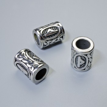 Korálková součástka Severská runa, průměr 13×10 mm, otvor 6 mm, stříbrná barva kovu, 1 ks
