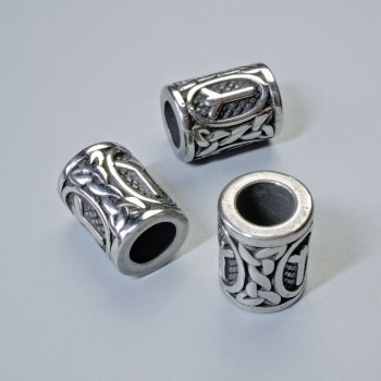 Korálková součástka Skandinávská runa, průměr 13×10 mm, díra 6 mm, stříbrná barva kovu, 1 ks