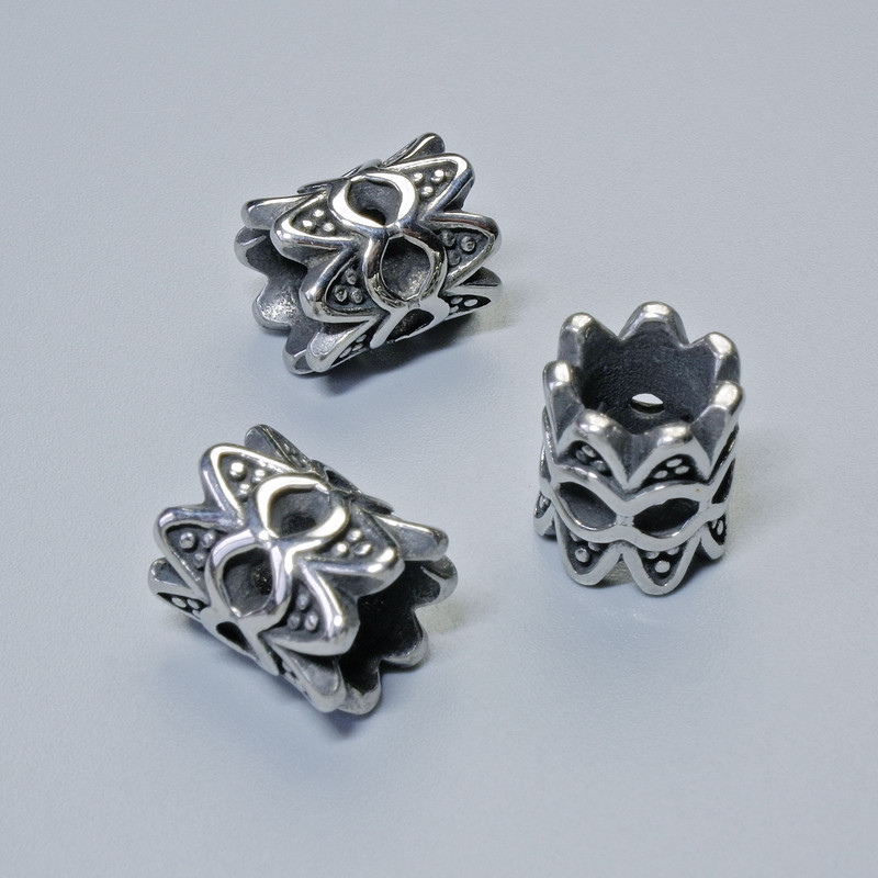 Korálka-vložka, rozměr 10×9 mm, otvor 5 mm, stříbrná barva kovu, 1 ks
