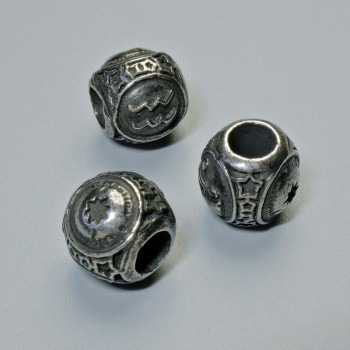 Фурнітура намистина-вставка Знак зодіаку "Водолій", діаметр 9х10мм+-, отвір, діаметр 4, 3мм, темно-сріблястий колір металу, 1шт