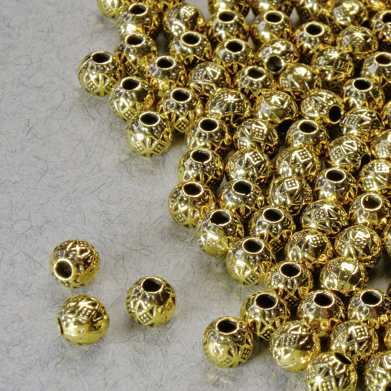 Zlatisté korálky-vložky, průměr 4 mm, otvor 1,4 mm, zlatá barva kovu, balení 20 g – 110 ks