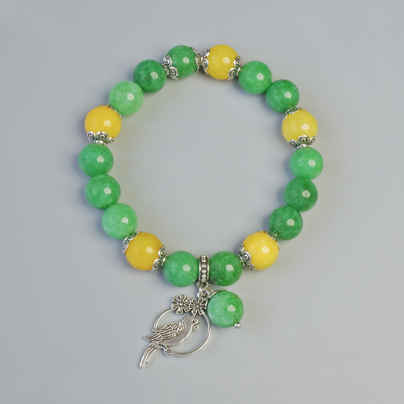 Náramek z chrysoprasu a citrínu (umělý) hladká kulička, průměr 10 mm ± (elastický), délka 18 cm ± se kovovými vložkami
