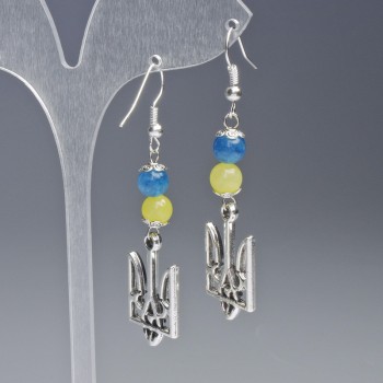 Náušnice «Erb», průměr dekorativního prvku cca 15 mm, s korálkami citrínu a akvamarínu, průměr korálků cca 6,5 mm, délka cca 60 mm, stříbrný odstín kovu