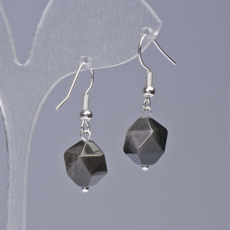Náušnice ze stříbřitého obsidiánu, přírodní kámen, multifacetovaný, průměr 10×12 mm, délka 32 mm