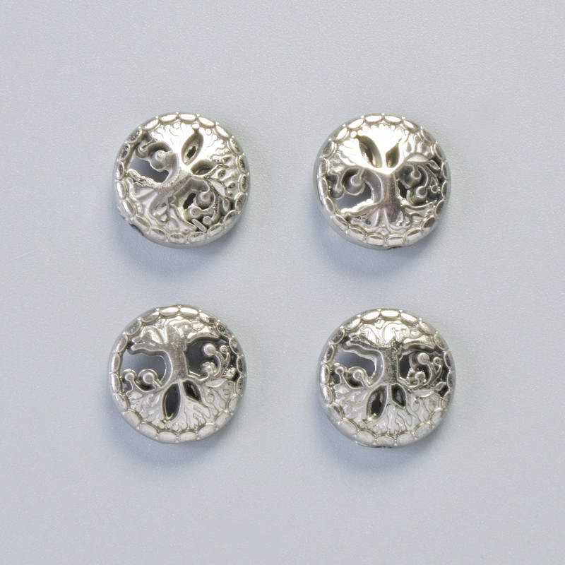 Hematitový korálek 'Strom' v stříbrné barvě, průměr cca 12,5×4,5 mm (4 ks)