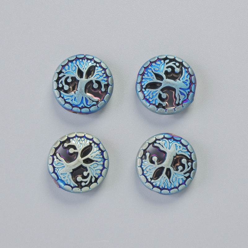 Korálka hematitu «Strom» matný chameleon, průměr 12,5 × 4,5 mm ± (4 ks)
