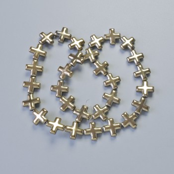 Korálky z hematitu ve tvaru kříže, světle bronzová barva, průměr 12,5×12,5×4 mm, délka 40 cm na niti