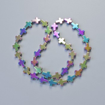 Hematitové korálky ve tvaru kříže, barva chameleon, rozměry 8,5×10,5×3 mm, délka 40 cm ± na niti