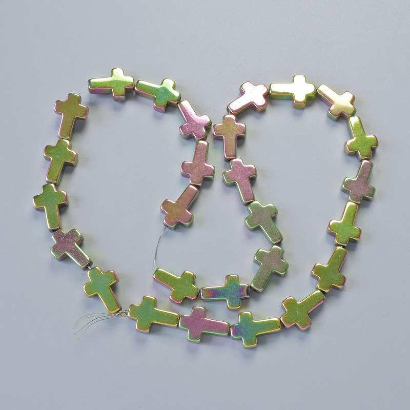 Korálky hematitu ve tvaru kříže, barva chameleon, průměr 10×14×4 mm, délka 40 cm ± na niti