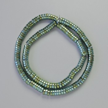 Rondelové korálky hematitu, barva chameleon zelená, průměr 6×2 mm, délka 42 cm na niti