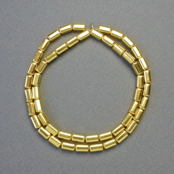 Korálky hematitu ve tvaru zaoblených obdélníků, zlatý odstín, průměr 8x4 mm, délka cca 42 cm – navlečená šňůra