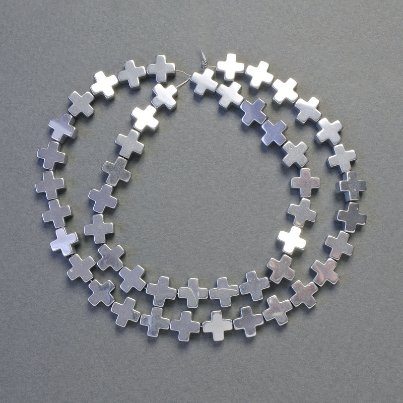 Korálky hematitu ve tvaru křížů, barva stříbrná, průměr 8×8 mm, délka cca 41 cm
