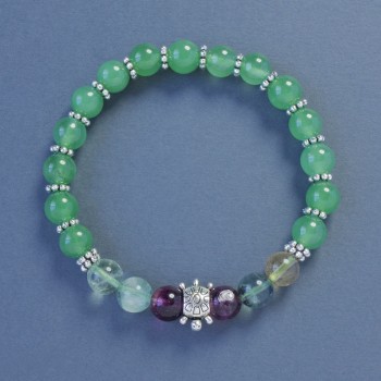 Náramek z fluoritu – hladká kulička, průměr 8 mm ±, délka 18 cm ±, elastický, s vložkou ve tvaru mušle