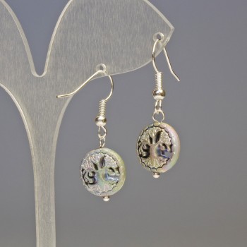 Náušnice z hematitu, modré dřevo a stříbro, průměr 12×4 mm, délka 3,2 cm