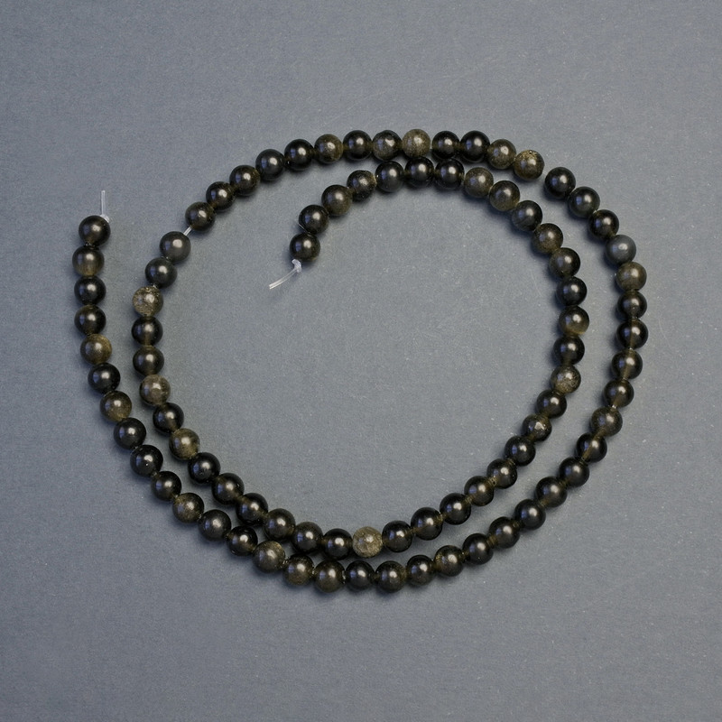 Korálky ze Slunečního obsidiánu, přírodní kámen, hladké kuličky, průměr 4–5 mm, délka 38 cm ± na niti