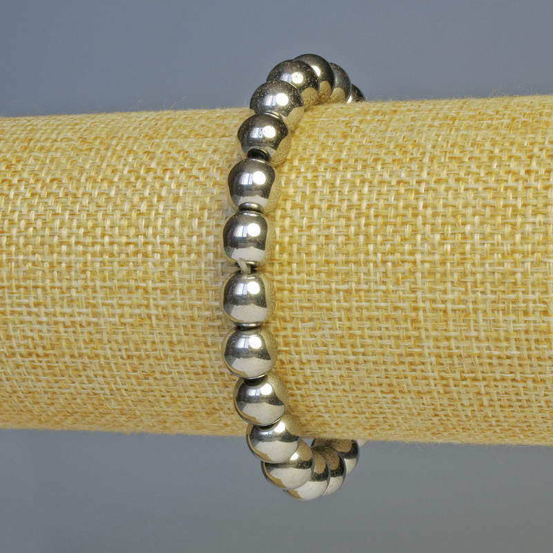 Náramek z hematitu – kuličky, barva stříbrná, průměr 8 mm, délka 18 cm, elastický