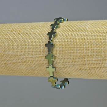 Náramek hematit „Kříž“ zeleno-modrý, průměr 8,5×10,5×3 mm ±, délka 18 cm ±, elastický