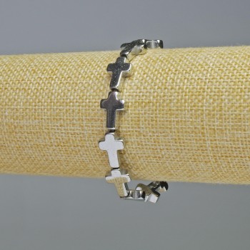 Náramek z hematitu 'Kříž', barva stříbrná, rozměry 10×14×4 mm ±, délka 18 cm ±, elastický