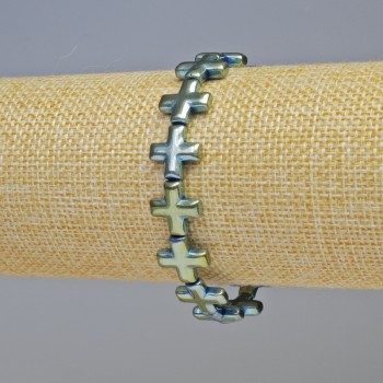 Náramek z hematitu «Kříž» zeleno-modrý, průměr 12,5×12,5×4 mm ±, délka 18 cm ± elastická gumička