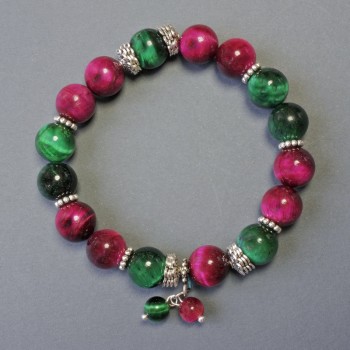 Náramek Kočičí oko z přírodního kamene, hladké kuličky, průměr 10 mm, s kovovými vložkami, délka 18 cm, elastický