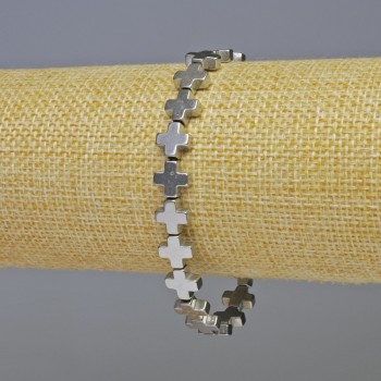Náramek z hematitu „Kříž“ ve stříbrném odstínu, průměr 8×8×3 mm ±, délka 18 cm ± elastický