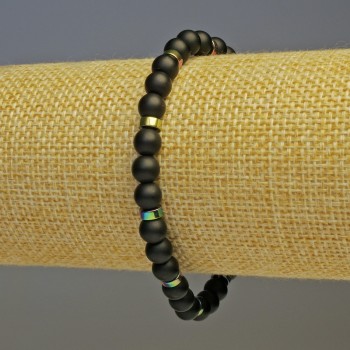 Náramek ze šungitu s hladkými korálkami, průměr 6 mm ±; duhový hematit disk, průměr 5×2 mm, délka 18 cm, elastický